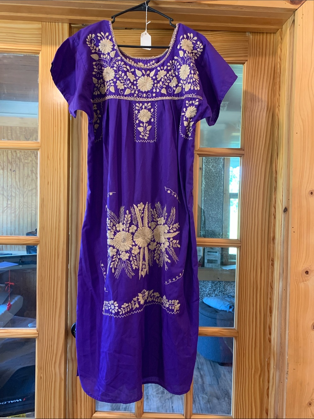 Women's Bold Purple Tan Embroidered Floral Short Sleeve Mini Shirt Dress L